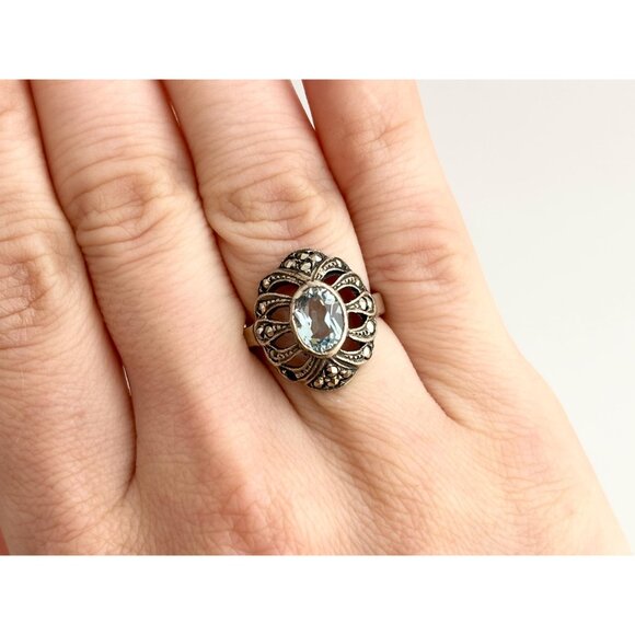 Aquamarine Semi-Precious Marcasite 925 Sterling Silver Vintage Ring - sz 6 - Picture 9 of 11